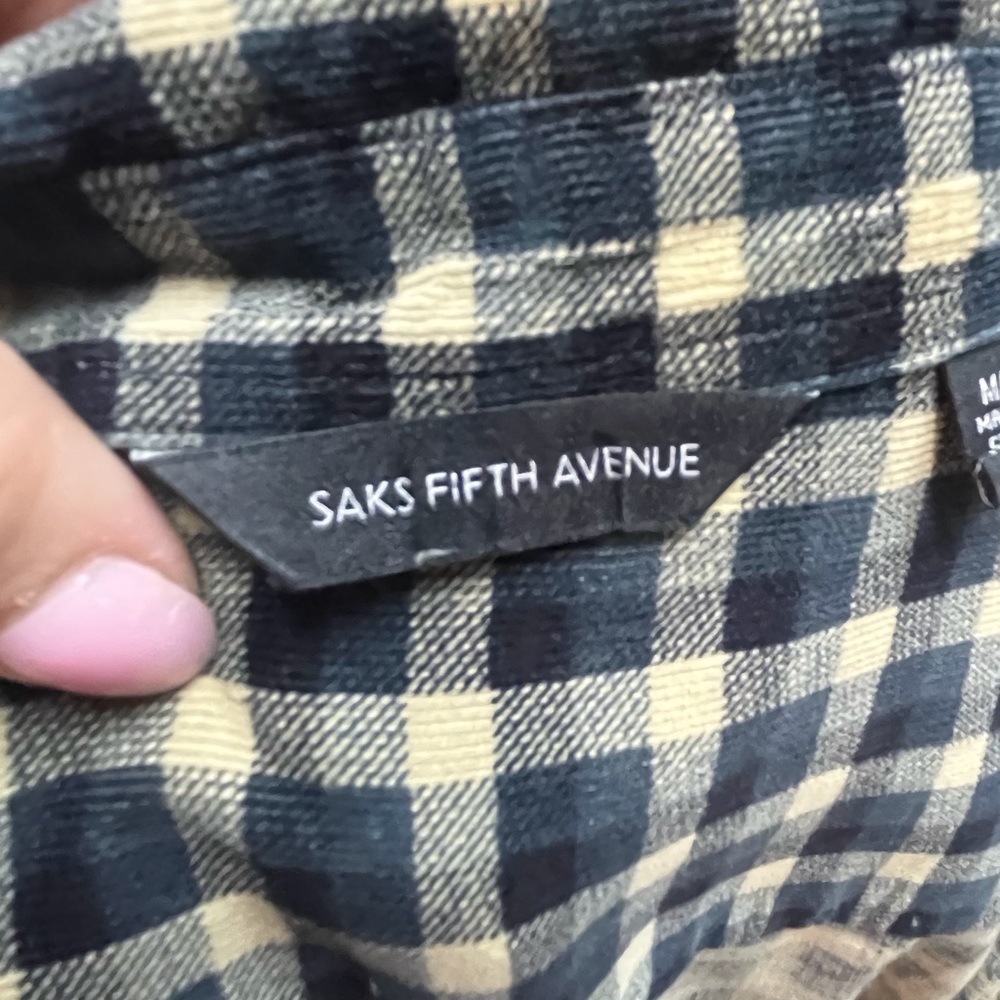 SAKS FIFTH AVENUE Men's Navy and Yellow Checkered Shirt - Picture 9 of 9